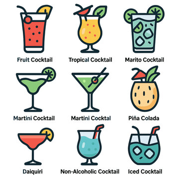 Colorful assorted cocktails collection with illustrative drink icons