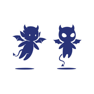 Two cartoon devil characters with wings flying, playful, ethereal movement, and a mystical vector illustration.