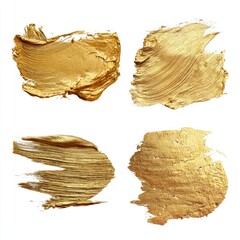 Four golden brushstrokes against a white background; textured, abstract, and artful