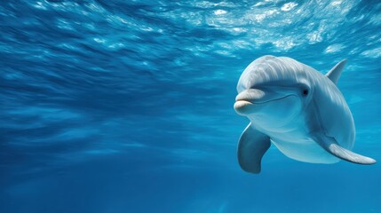Fototapeta premium Dolphin Swims Toward Open Blue Water in an Underwater Scene With Curiosity and Awareness