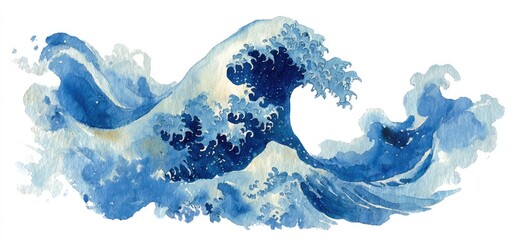 Watercolor depiction of a large wave, curling and crashing, blue hues against a white backdrop