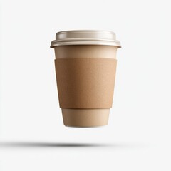 A takeaway coffee cup with a sleeve and lid, floating against a white background