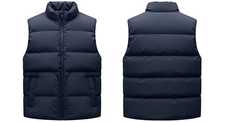 Isolated Navy Puffer Vest Apparel Mockup Front Back  lean,  Outerwear Visual For Fashion Branding And Product Display Concept