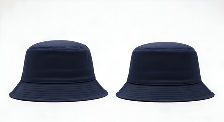  Two Navy Blue Bucket Hats Isolated On White Minimal Apparel Product Display For Fashion And Retail Concept
