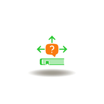 Vector illustration of book and speech bubble with  question mark and arrows outside. Symbol of guidance.