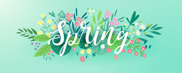 Spring inscription on floral composition and blue green background, vector illustration.