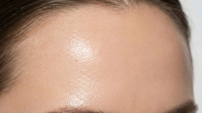 Close-up of smooth female forehead with natural skin texture and healthy glow