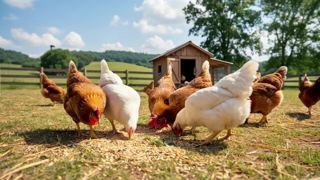 Medium shot of certified organic chickens roaming freely in a clean chemicalfree farm environment with natural feed scattered on the ground