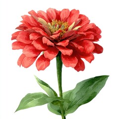 A watercolor-style illustration of a vibrant red flower with green leaves and stem