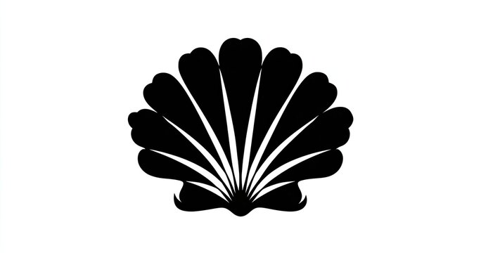 A stark black silhouette of a scallop shell against a bright white background