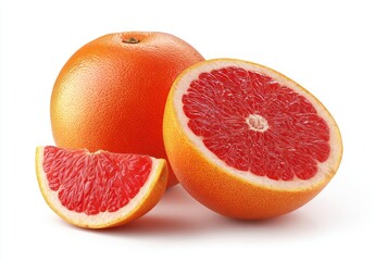 A vibrant still life of grapefruit; whole, halved, and a single juicy slice