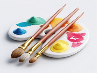 A paint palette with colorful globs of paint and paint brushes, white background