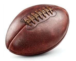 A well-lit, close-up studio shot of a brown football, showcasing its textured leather