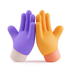 Obraz premium Two stylized, cartoonish hands, one purple, the other orange, facing each other on white