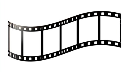Curving strip of film with blank frames, black borders, and sprocket holes on white background