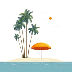 Obraz premium Cartoon island scene with palm trees, a beach umbrella, sun, and ocean