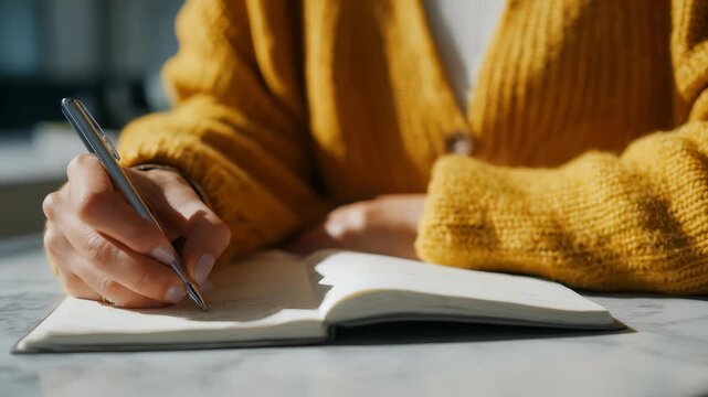 A hand holding a pen writes thoughtfully in an open notebook, illuminated by natural light. The image evokes inspiration, planning, and personal reflection in a cozy, productive setting