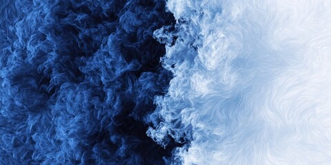 An abstract image depicts a gradient of swirling blues and whites resembling clouds or smoke