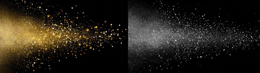 Two panels with a spray of sparkling particles on black. One is gold, the other silver