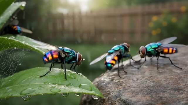 Medium shot of flies exhibiting enhanced UVreactive features on their bodies showcasing weatherproof resilience in outdoor environment.