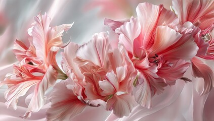 Large, lush pink and peach floral arrangement with flowing fabric background