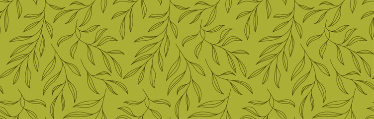 Hand-Drawn Leaves and Branches Line Art Background, Seamless Pattern  © Olesia