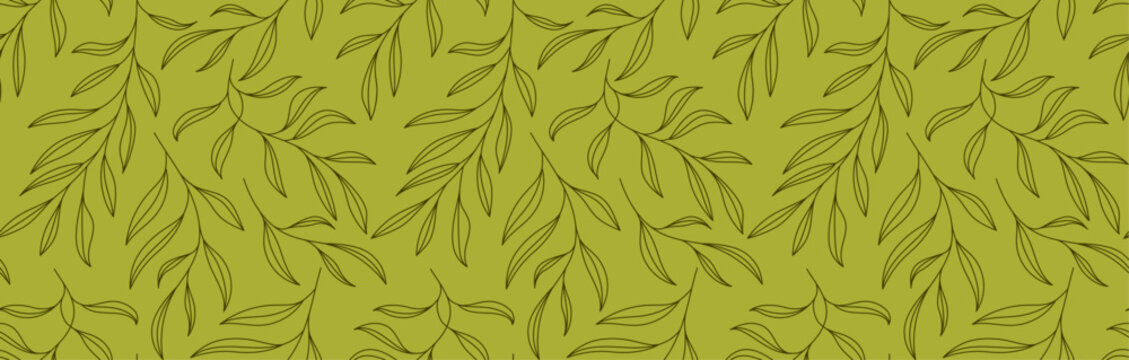 Hand-Drawn Leaves and Branches Line Art Background, Seamless Pattern 