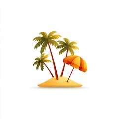 Obraz premium Cartoon island scene with palm trees, a bright orange umbrella, and sandy ground
