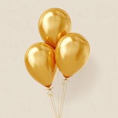 Three shiny golden balloons tied together, floating against a beige textured backdrop
