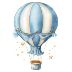 Watercolor illustration of a baby blue and beige striped hot air balloon with gold accents
