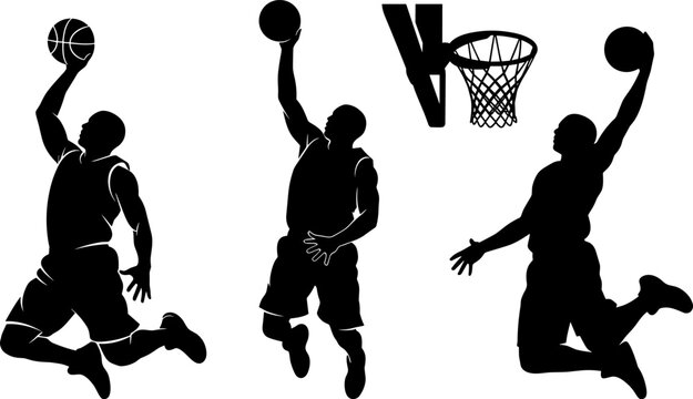 Basketball Player Dunk Silhouette Set Vector Illustration Featuring Jump Shot and Slam Dunk Isolated on White Background