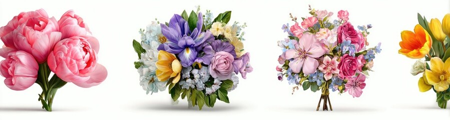 Four vibrant bouquets showcasing diverse flower arrangements in a row, isolated on white