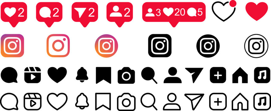 Set of user interface elements and Instagram notification icons, social media engagement for likes and comments, professional mobile app user interface design assets