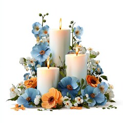 Three white candles with burning flames, surrounded by delicate blue and orange floral arrangement