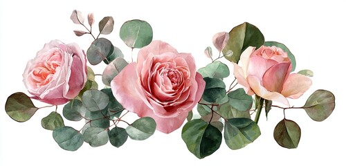 Watercolor arrangement of pink roses and eucalyptus leaves on a white backdrop