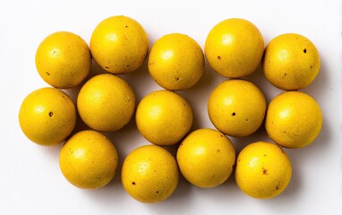Overhead shot of fifteen vibrant yellow, round citrus fruits arranged on a white surface