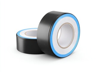 Two rolls of black electrical tape are slightly overlapping, on a white surface