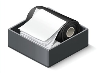 An isometric view of a desktop organizer with a roll of paper and loose sheets