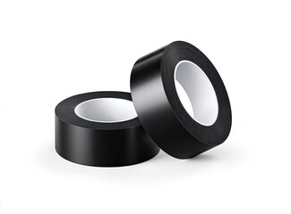 Two rolls of black tape, one upright, casting a shadow, with a clean white background