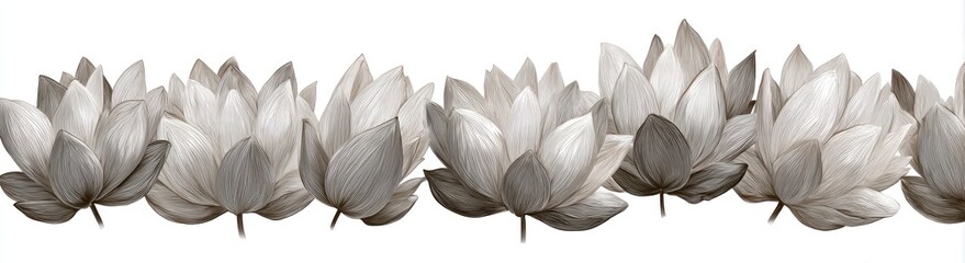 Line of stylized, monochrome lotus blossoms on a white background, creating a floral border