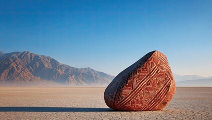 A large, carved red stone sits on a vast, flat desert with mountains in the background