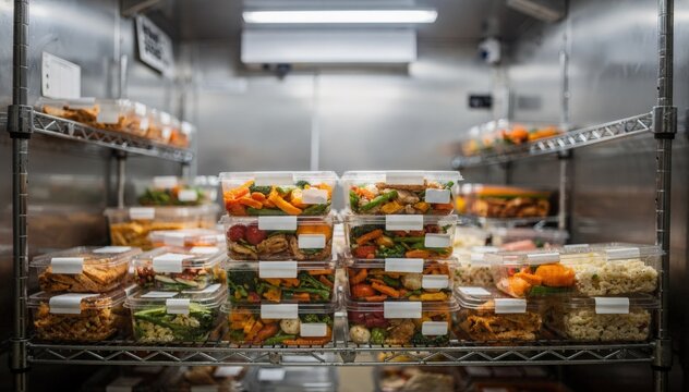 Organized walkin fridge with labeled shelves holding prepped food trays main focus on cooked meal containers cooler interior softly faded in the background.