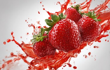 Four vibrant red berries with green tops, bursting amidst a splash of juice