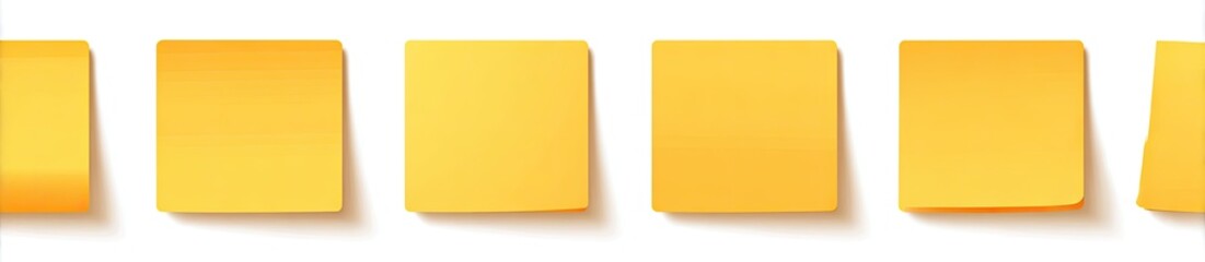 Several yellow sticky notes with shadows, arranged on a white surface. The notes are square shaped