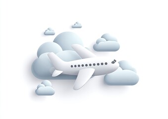 A white airplane soars through fluffy, stylized blue clouds on a bright, minimalist background