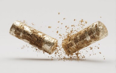 A cylindrical object breaks apart in mid-air, with surrounding dust on a white background