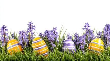 Colorful decorated eggs nestled in green grass, with purple flowers on a white background