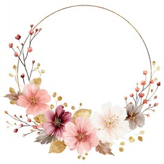 Watercolor floral arrangement in pinks, reds, and gold, encircling a blank space