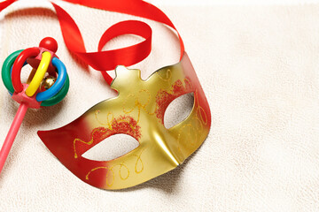 Blue and gold mask for celebration carnival. Jewish Purim or Mardi Gras. Space for text. Banner