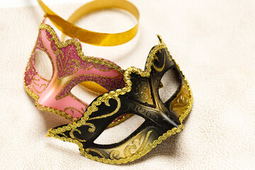 Multicolored masks for celebration carnival. Jewish Purim or Mardi Gras. Space for text. Banner